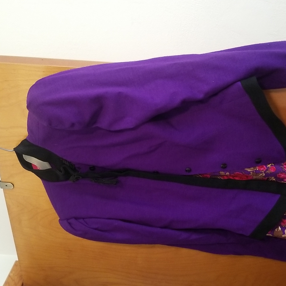 Lightweight wool jacket and skirt, sz4.  Mid calf multicolored purple skirt.